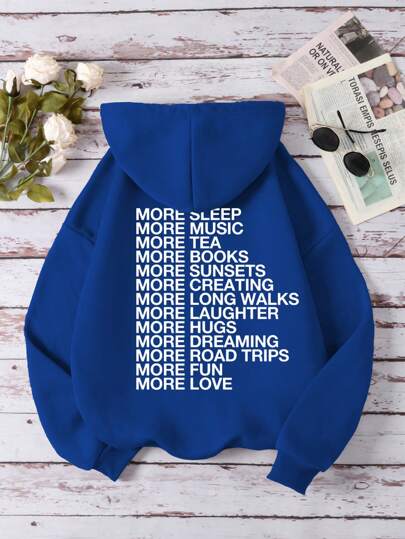 SHEIN Essnce Capucha con estampado de slogan con bolsillo de canguro con forro térmico con cordón