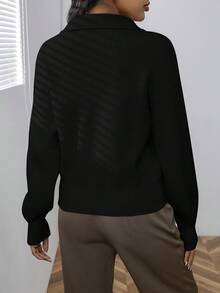 SHEIN Privé Chất rắn Đồ đan Ribbed Thả vai Áo len - màu đen - Xem 2