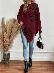 SHEIN LUNE Floral Pattern Batwing Sleeve Asymmetrical Hem Poncho Knit Pullover Fall Winter Sweater - Burgundy - View 5