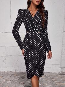 SHEIN LUNE In vết tròn Polka Chi tiết Nút Váy Wrap Hem - Đen và trắng - Xem 3