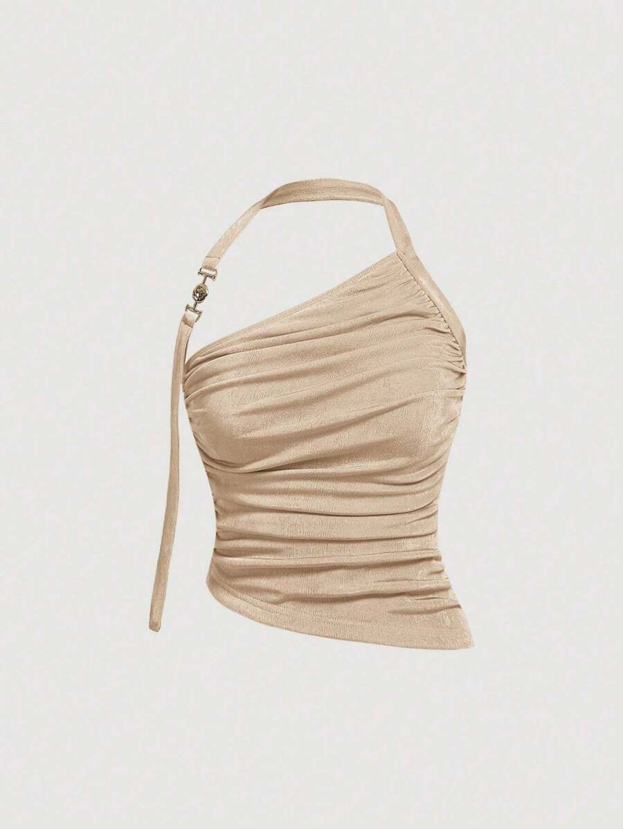 SHEIN MOD Top unicolor fruncido halter bajo asimétrico - Albaricoque - Ver 1