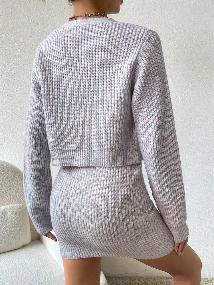 Space Dye Cardigan & Button Side Knit Skirt Without Cami Top