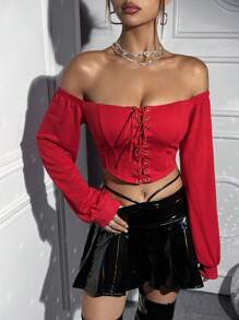 SHEIN ICON 一字肩前繫帶短款運動衫