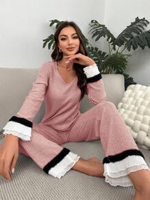 Contrast Lace Flounce Sleeve PJ Set - Pink - View 1
