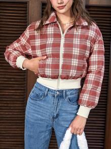 SHEIN EZwear Plaid Print Zip Up Crop Padded Coat