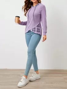 EMERY ROSE 秋冬撞色格纹印花抽绳连帽衫、长袖上衣