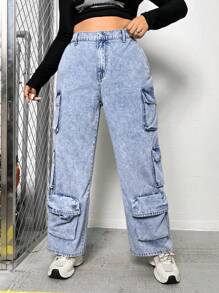 SHEIN ICON 大碼側翻蓋口袋工裝牛仔褲 - 淺色水洗藍 - 查看 3