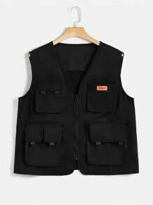 SHEIN EZwear 大碼字母補丁細節翻蓋口袋拼接滾邊落肩袖拉鍊飛行員夾克 - 黑色 - 查看 1