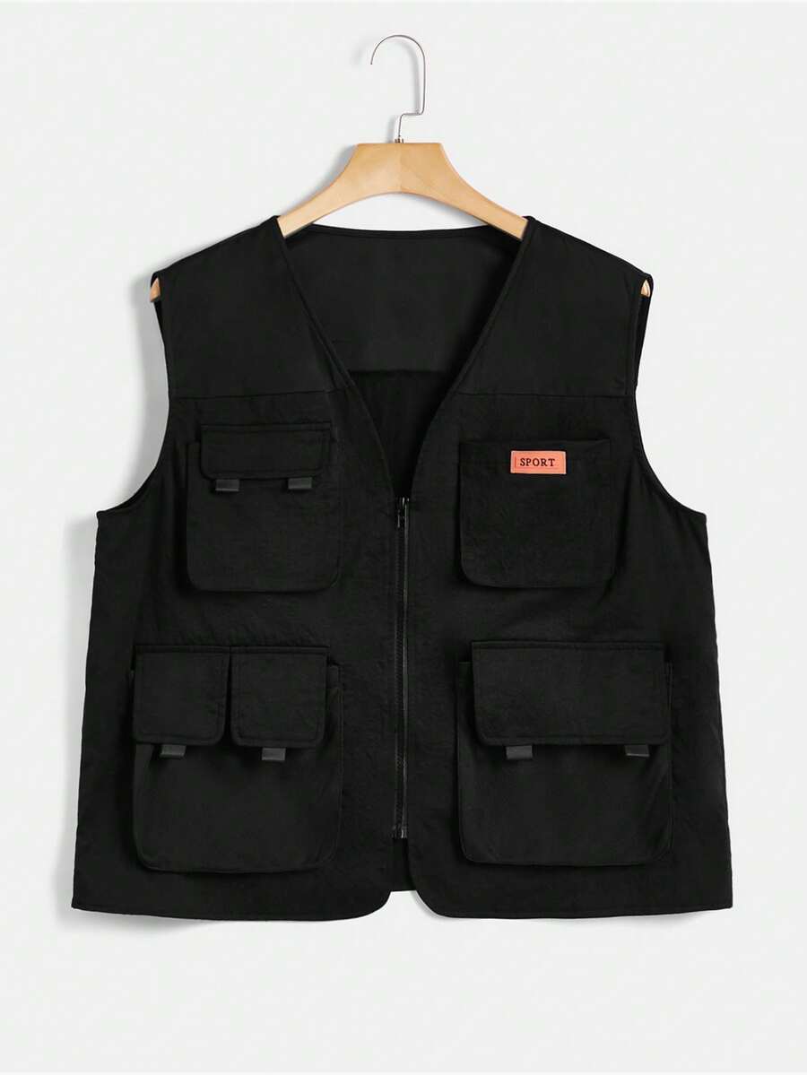 SHEIN EZwear 大碼字母補丁細節翻蓋口袋拼接滾邊落肩袖拉鍊飛行員夾克 - 黑色 - 查看 1