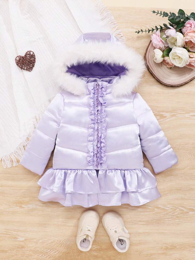 Baby Girls' Casual Purple Satin Padded Hooded Coat With Collar