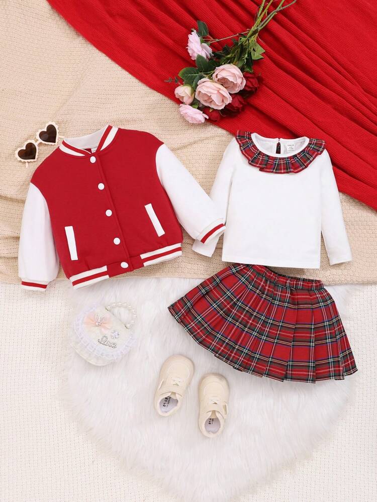 Baby Girls' College Style Mixed Color Baseball Jacket, Checked T-shirt, Pleated Skirt Set