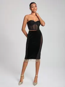 Jhome Apparel Designer Contrast Mesh Fringe Hem Velvet Elegant Skirt, For Summer, Holiday, Party, Festival - Black - View 4