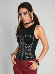 ROMWE PUNK Top tank con estampado de dibujo - Negro - Ver 4