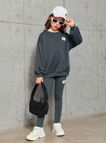 Tween Girl Patched Detail Drop Shoulder Pullover & Leggings - Dark Grey - View 1