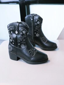 Botas Negras Para Niños Con Diseño De Flores - Negro - Ver 3