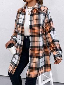 SHEIN CURVE+ 加大尺碼格紋落肩襯衫 - 珊瑚橙 - 查看 5