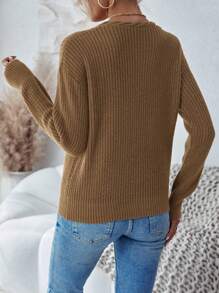 SHEIN LUNE Suéter de Tricô com Ombros Caídos Sólido para Outono e Inverno - Caqui - Visão 2