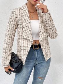 SHEIN Frenchy Hoa văn kẻ sọc Khăn quàng Mở Mặt trước Áo vest - Màu Khaki - Xem 3