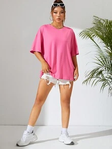 SHEIN EZwear Solid Color Drop Shoulder Women's T-shirt - Red - View 4