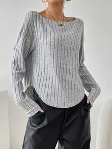 SHEIN Essnce Cổ thuyền Thả vai Curved Hem Áo thun - Màu Xám nhạt - Xem 3