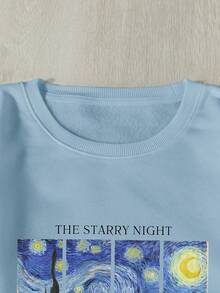 SHEIN EZwear 油畫和字母圖案保暖衬里開衫 - 藍色 - 查看 5