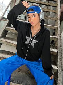 SHEIN EZwear 女用鑽石和星星裝飾黑色連帽拉鍊運動衫 - 黑色 - 查看 5