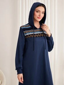 Mulvari 拼接幾何印花抽繩連帽衛衣裙 - 灰色 - 查看 5