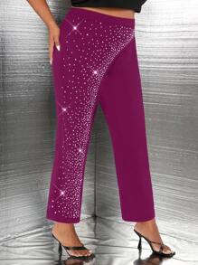 SHEIN SXY Celana Ukuran Plus Kontras Sequin Berlian buatan Plain Pesta - Red Violet - View 3