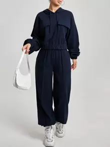 SHEIN Cottnline 2 Pieces Solid Color Drawstring Hooded Sweatshirt And Sweatpants Set - Navy Blue - View 4