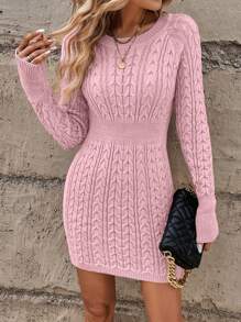 SHEIN LUNE Cable Knit Raglan Sleeve Sweater Dress Fall Winter Cloth For Women - Pink - View 5
