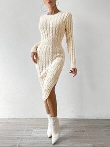 SHEIN Essnce Cable Knit Split Thigh Sweater Dress Without Belt - Apricot - View 3