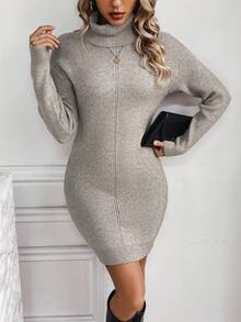 SHEIN Essnce Turtleneck Drop Shoulder Sweater Dress - Light Grey - View 4