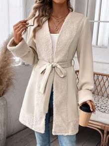 SHEIN Privé Viền tương phản Mở Mặt trước Thắt lưng áo - Màu be - Xem 1