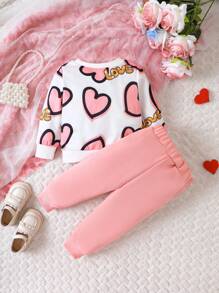 女嬰愛心圖案衛衣和衛褲 - 粉色 - 查看 2