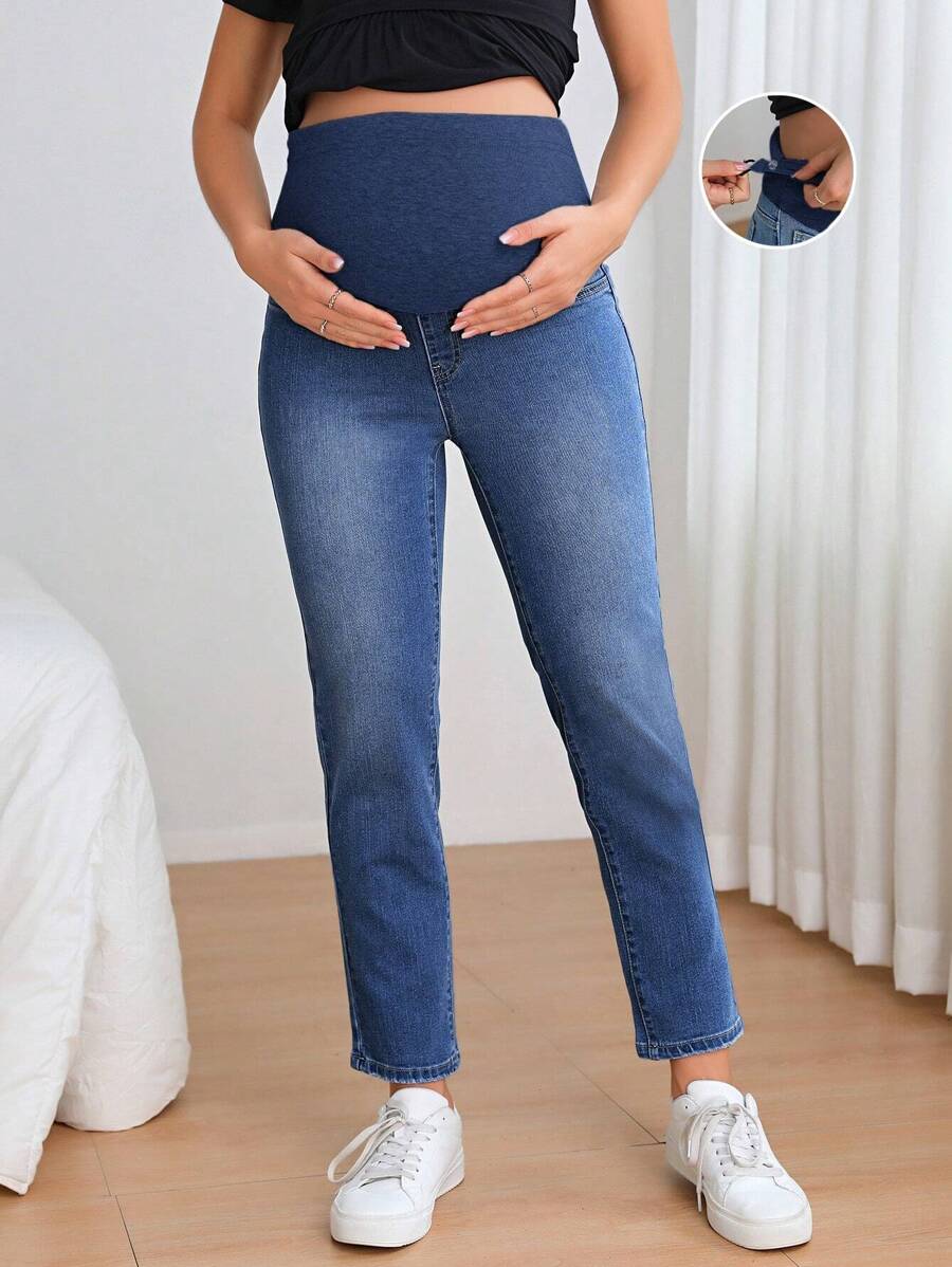 SHEIN Maternity Wideband Waist Bleach Wash Jeans - Dark Wash - View 1