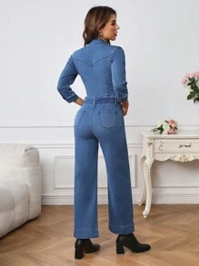 SHEIN Privé Zip Front Denim Jumpsuit With Waist Belt - Dark Wash - View 2
