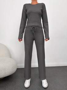EURMUSE Women'S Ribbed Drop Shoulder T-Shirt And Pants 2pcs/Set - Dark Grey - View 6