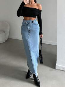 ZIRRA 女士休闲水洗不对称长款牛仔裙 - 淺色水洗藍 - 查看 4