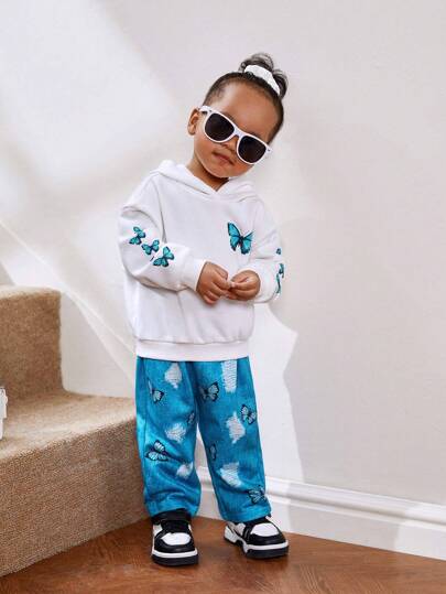 SHEIN Baby Girl Casual Butterfly Pattern Hooded Sweatshirt And Pants Set