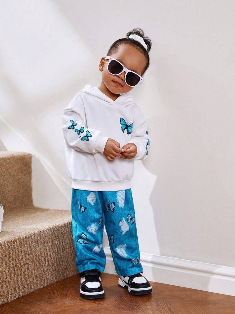 Baby Girl Casual Butterfly Pattern Hooded Sweatshirt And Pants Set