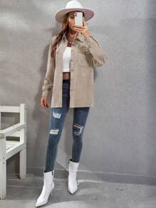 SHEIN LUNE Chemise Poche À Rabat Épaule tombante En Velours Côtelé