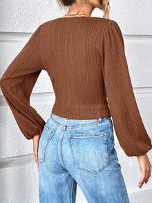 SHEIN Privé Chất rắn Cổ Lao Tay áo lồng đèn Áo thun - màu nâu - Xem 2