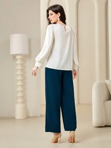 Modelyn Solid Color Cowl Neck Lantern Sleeve Shirt And Wide Leg Pants Set - Blue - View 2