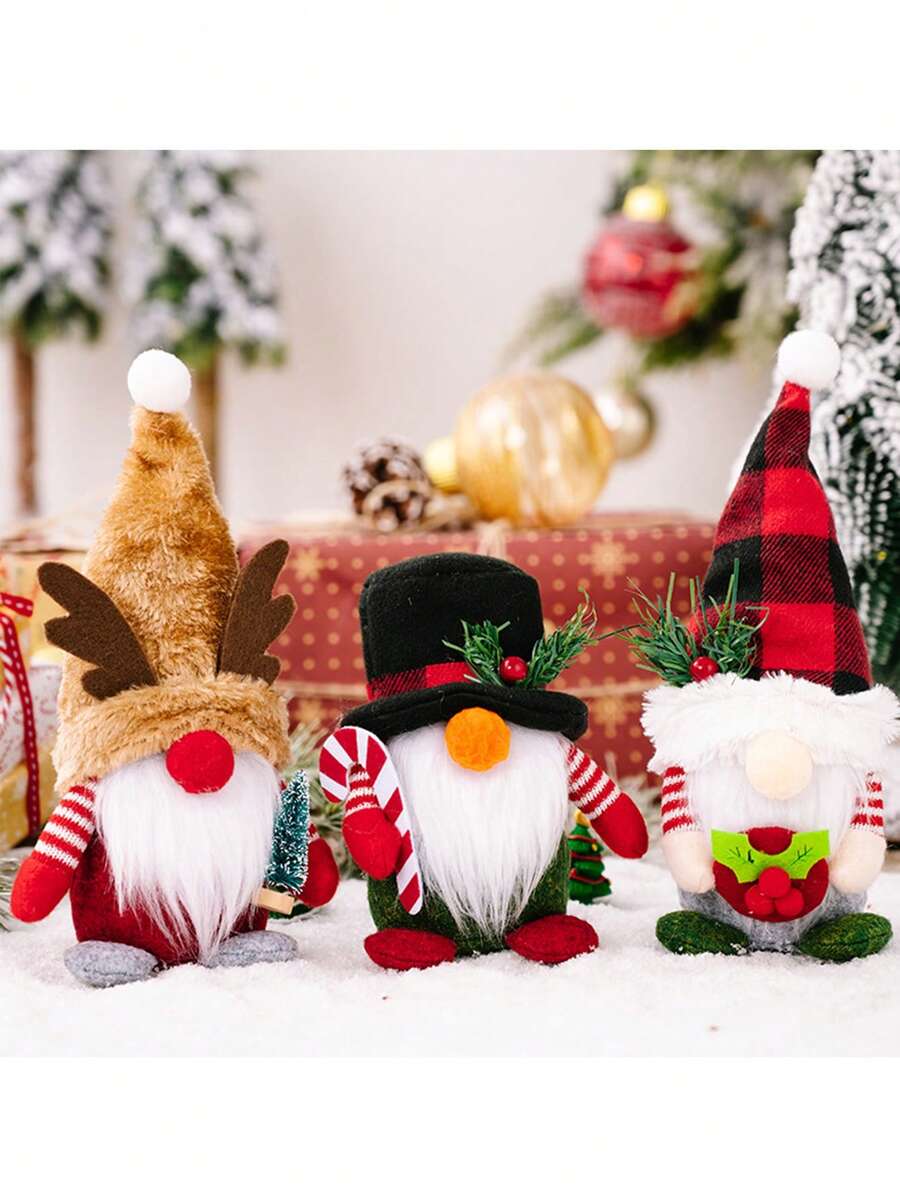 1pc Christmas Decoration Check Hat Forest Old Man Figure With Reindeer Horn Dwarf Rudolf Mini Doll - Red - View 1