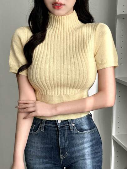 DAZY 商务休闲纯色立领短袖针织上衣