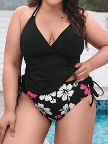 SHEIN Swim Lushore 夏季沙灘大花印花繩帶側領連體泳裝 - 黑與白 - 查看 1