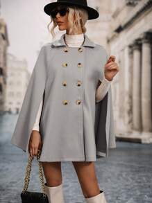 SHEIN Clasi Cloak Sleeve Double Breasted Cape Overcoat - Grey - View 6