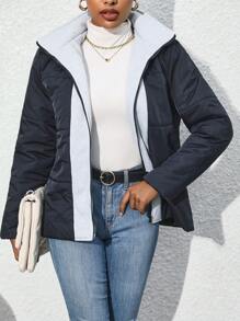 SHEIN Unity 双色拉链连帽棉服外套冬季 - 黑色 - 查看 1