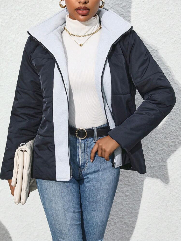 Two Tone Zip Up Hooded Padded Padded Coat Clothes Winter
