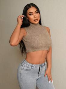 SHEIN SXY 小高領短款條紋針織上衣 - 卡其色 - 查看 4